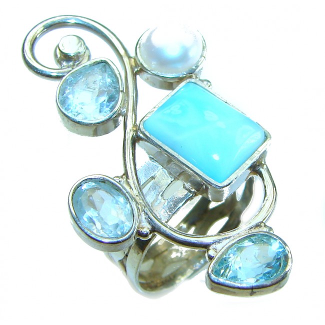 Precious Blue Larimar .925 Sterling Silver handmade ring size 5 3/4