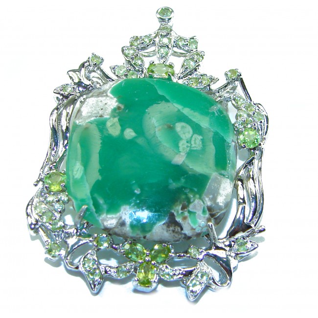 Back to Nature Beauty Chrysoprase Emerald .925 Sterling Silver handcrafted Pendant Brooch