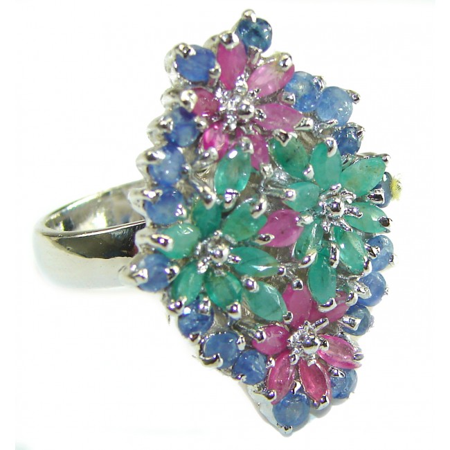 Luxurious Sapphire Emerald Ruby .925 Sterling Silver handcrafted Ring size 8 1/4