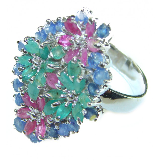 Luxurious Sapphire Emerald Ruby .925 Sterling Silver handcrafted Ring size 8 1/4