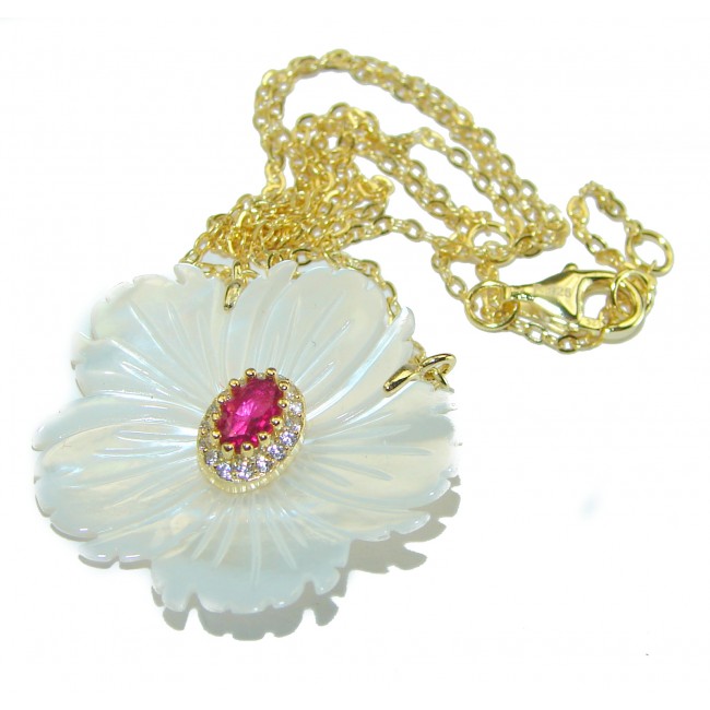 Floral Design Ruby Blister Pearl 14K Gold over .925 Sterling Silver Necklace