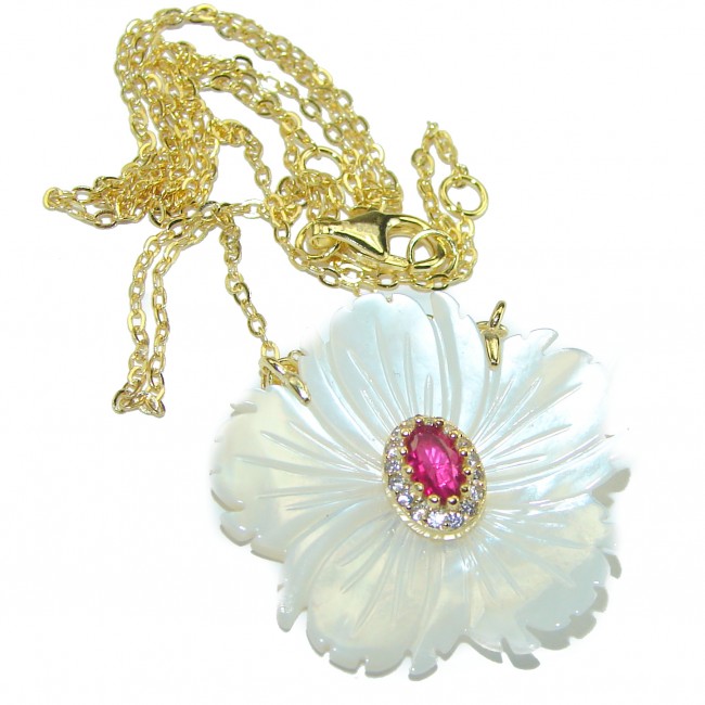 Floral Design Ruby Blister Pearl 14K Gold over .925 Sterling Silver Necklace