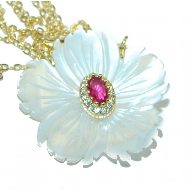 Floral Design Ruby Blister Pearl 14K Gold over .925 Sterling Silver Necklace