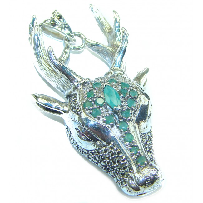 Large Deer Head Genuine Emerald marcasite .925 Sterling Silver handmade Pendant