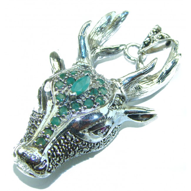 Large Deer Head Genuine Emerald marcasite .925 Sterling Silver handmade Pendant