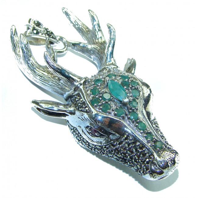 Large Deer Head Genuine Emerald marcasite .925 Sterling Silver handmade Pendant