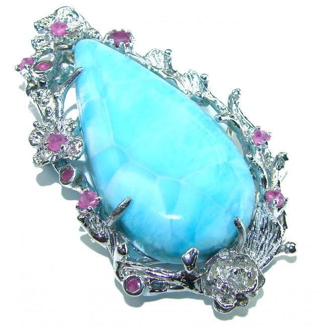 Caribbean Beauty genuine Blue Larimar Ruby .925 Sterling Silver handmade Pendant and Brooch