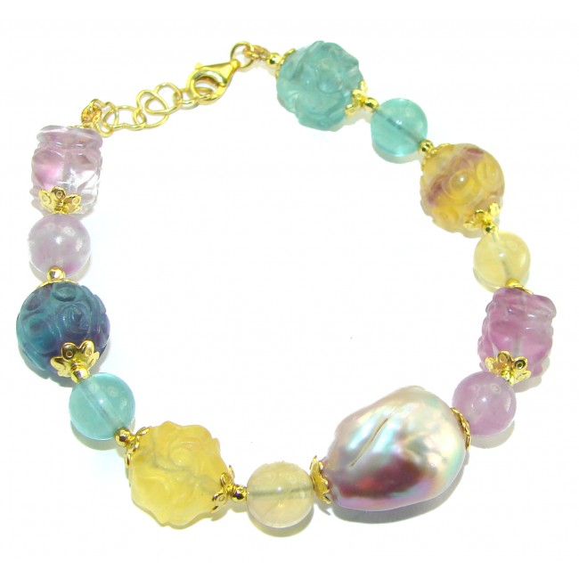 Top quality Genuine carved Fluorite 14k Gold over .925 Sterling Silver handcrafted bracelet