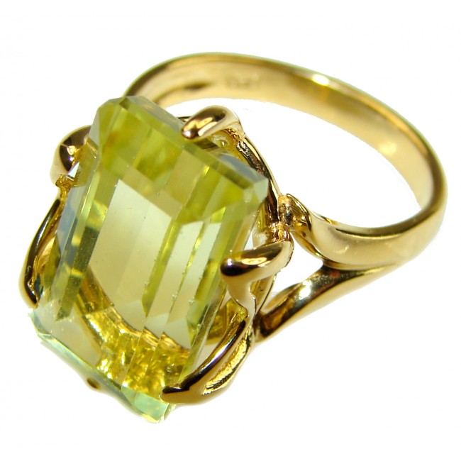 12.8 carat Genuine Lemon Quartz 14K Gold over .925 Sterling Silver handcrafted ring size 7