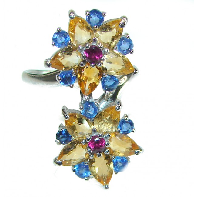 Two Flowers Citrine Kyanite Garnet .925 Sterling Silver handcrafted ring size 8 1/4