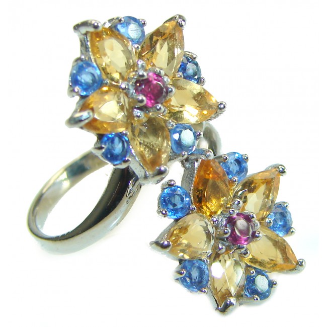 Two Flowers Citrine Kyanite Garnet .925 Sterling Silver handcrafted ring size 8 1/4