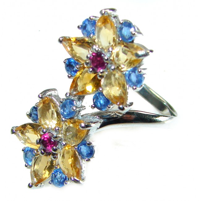 Two Flowers Citrine Kyanite Garnet .925 Sterling Silver handcrafted ring size 8 1/4