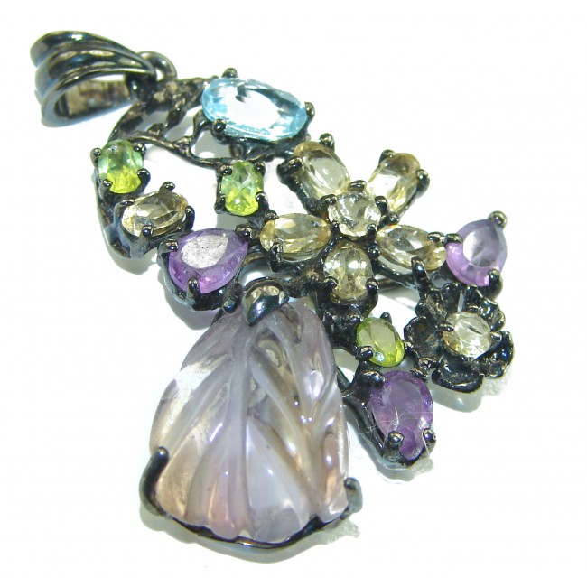 Natural carved Pink Ametrine black rhodium over .925 Sterling Silver Pendant