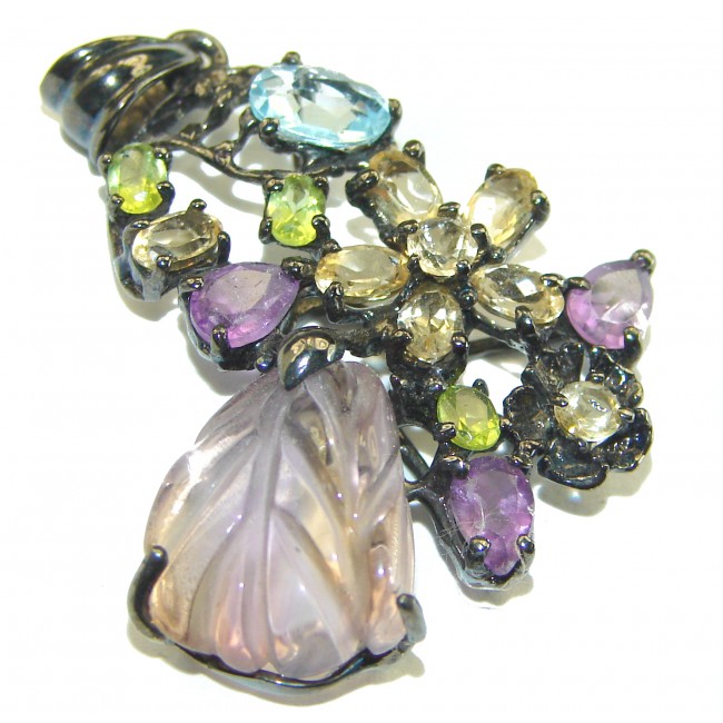 Natural carved Pink Ametrine black rhodium over .925 Sterling Silver Pendant