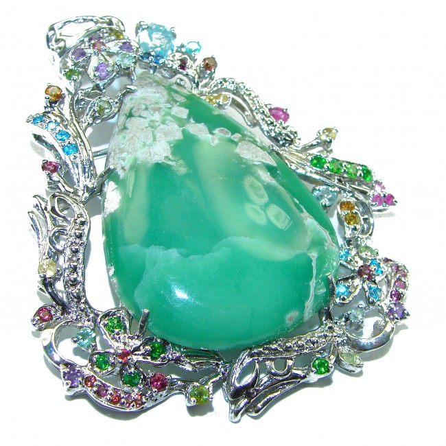 Great Beauty Chrysoprase Emerald .925 Sterling Silver handcrafted Pendant Brooch