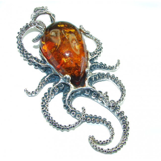 HUGE Golden Octopus 40.2 grams Natural Baltic Amber .925 Sterling Silver handmade Pendant