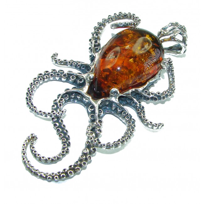 HUGE Golden Octopus 40.2 grams Natural Baltic Amber .925 Sterling Silver handmade Pendant