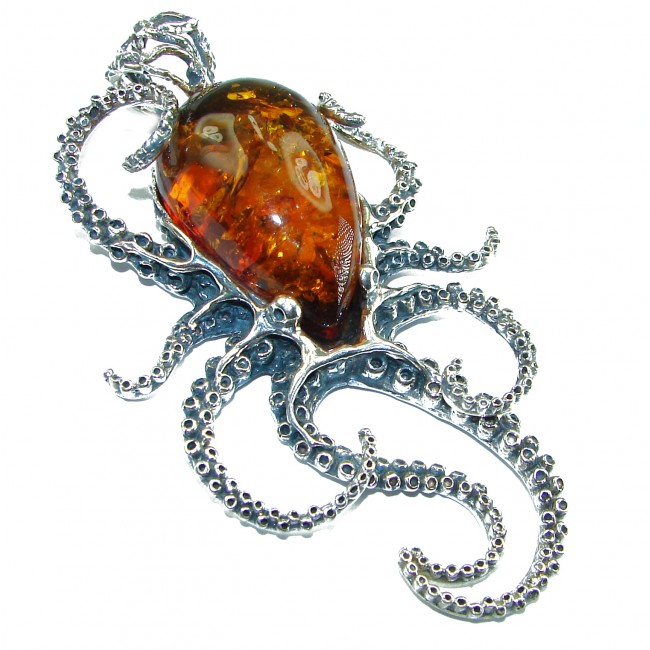 HUGE Golden Octopus 40.2 grams Natural Baltic Amber .925 Sterling Silver handmade Pendant