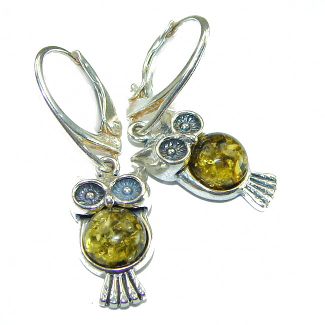 Wonderful Owl Amber .925 Sterling Silver entirely handcrafted earrings