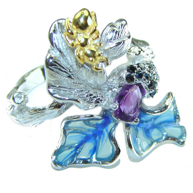 Blue Flower Genuine Enamel .925 Sterling Silver handmade Ring size 7 1/4