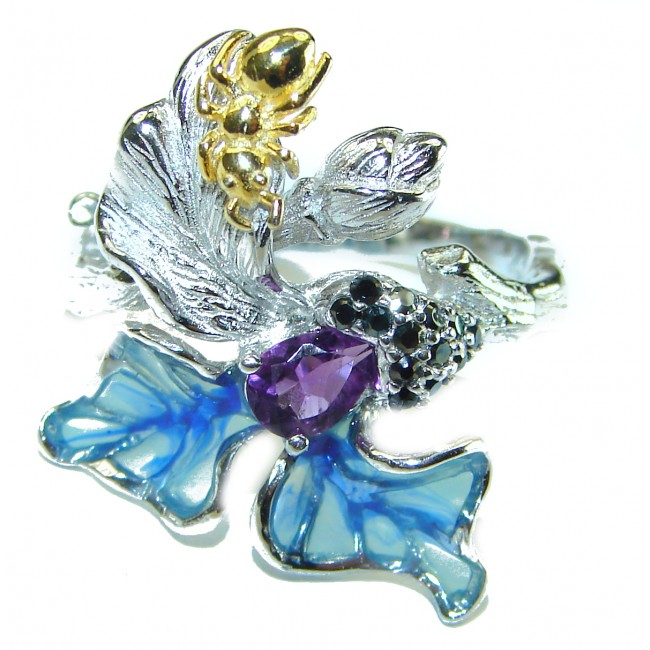 Blue Flower Genuine Enamel .925 Sterling Silver handmade Ring size 7 1/4