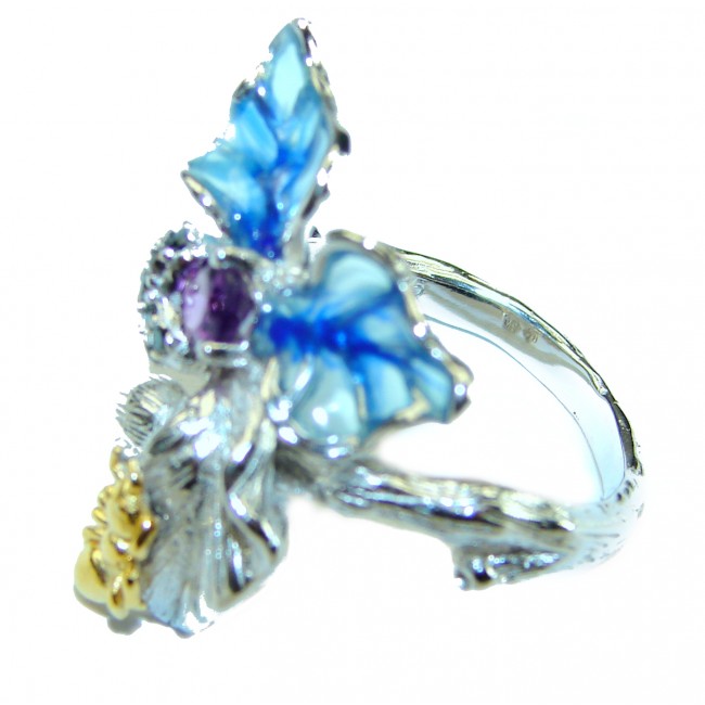 Blue Flower Genuine Enamel .925 Sterling Silver handmade Ring size 7 1/4