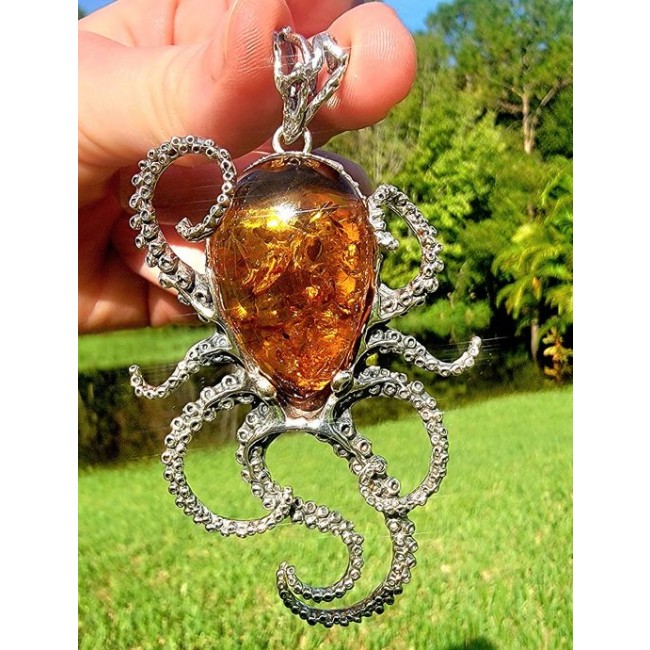 HUGE Golden Octopus 40.2 grams Natural Baltic Amber .925 Sterling Silver handmade Pendant