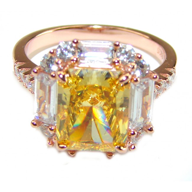 6.5 carat emerald cut Yellow Sapphire 14K Rose Gold over .925 Sterling Silver handcrafted ring; s. 7