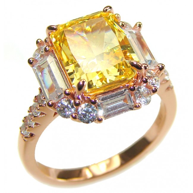 6.5 carat emerald cut Yellow Sapphire 14K Rose Gold over .925 Sterling Silver handcrafted ring; s. 7