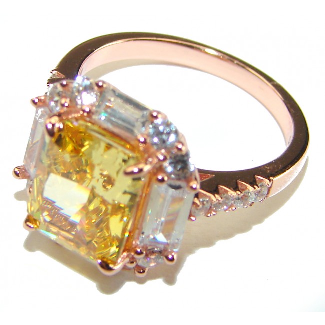 6.5 carat emerald cut Yellow Sapphire 14K Rose Gold over .925 Sterling Silver handcrafted ring; s. 7