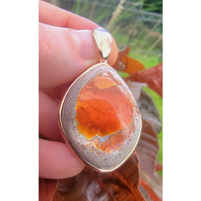 Natural Mexican Fire Opal 18K Rose Gold over .925 Sterling Silver handmade Pendant