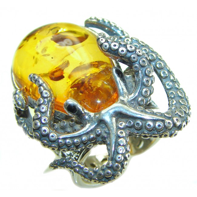 Huge Octopus Authentic rare Baltic Amber .925 Sterling Silver handcrafted ring; s. 8 adjustable