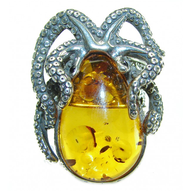 Huge Octopus Authentic rare Baltic Amber .925 Sterling Silver handcrafted ring; s. 8 adjustable