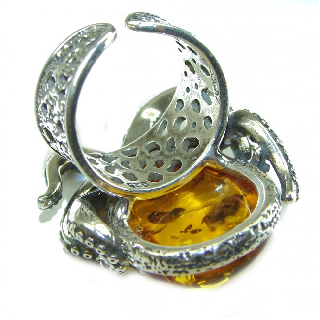 Huge Octopus Authentic rare Baltic Amber .925 Sterling Silver handcrafted ring; s. 8 adjustable