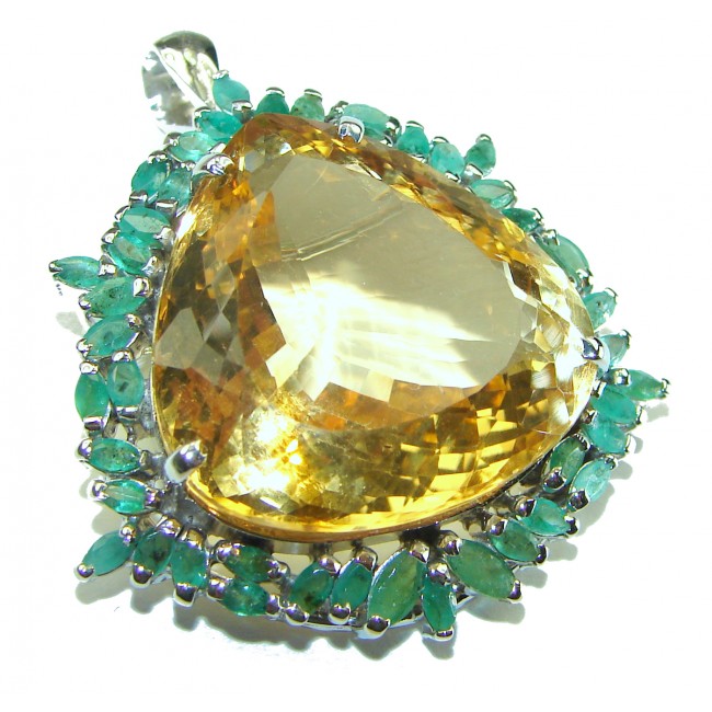 Striking Beauty genuine 55.45 carat trillion cut Lemon Quartz .925 Sterling Silver handmade Pendant - Brooch