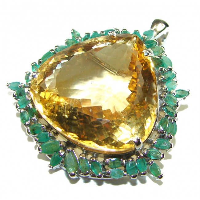 Striking Beauty genuine 55.45 carat trillion cut Lemon Quartz .925 Sterling Silver handmade Pendant - Brooch