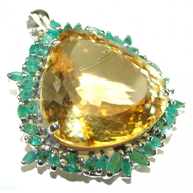 Striking Beauty genuine 55.45 carat trillion cut Lemon Quartz .925 Sterling Silver handmade Pendant - Brooch