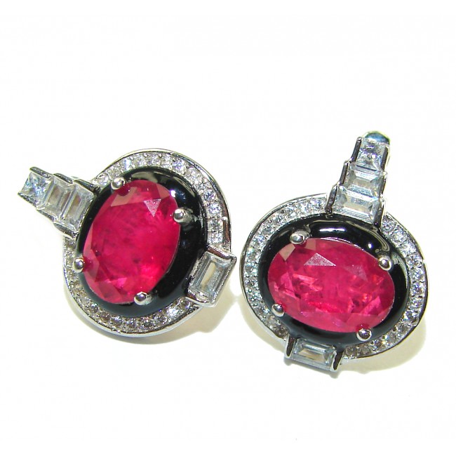 Art Deco Ruby black enamel .925 Sterling Silver handcrafted earrings