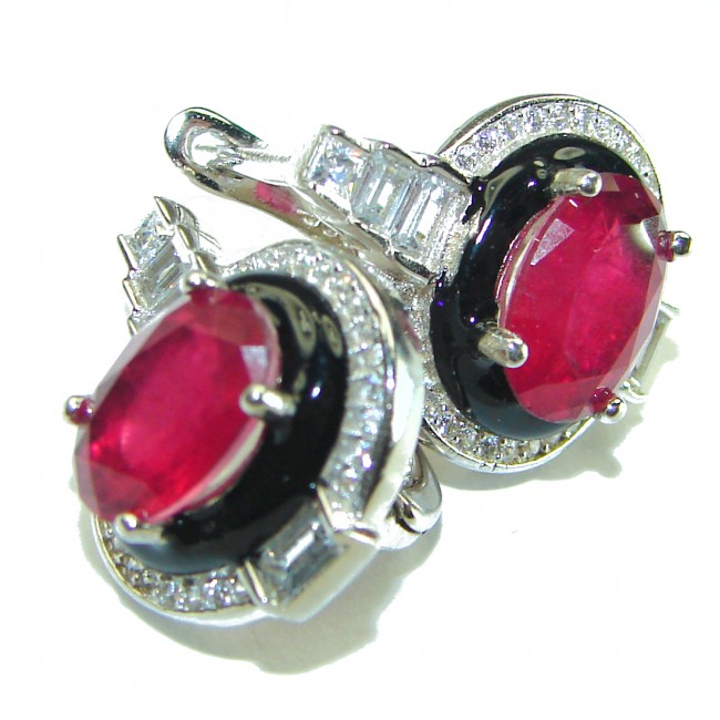 Art Deco Ruby black enamel .925 Sterling Silver handcrafted earrings