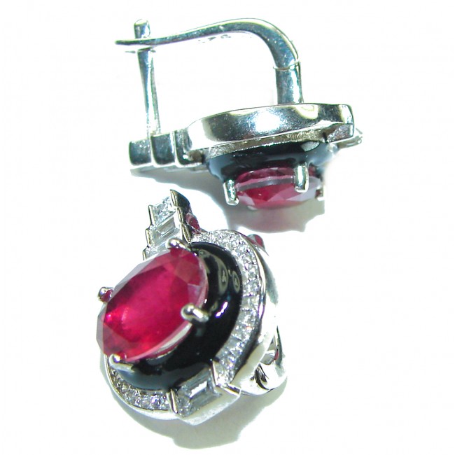 Art Deco Ruby black enamel .925 Sterling Silver handcrafted earrings