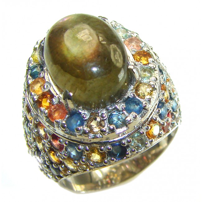 Magic Night Natural Labradorite Sapphire .925 Sterling Silver handcrafted Large ring size 7 1/2