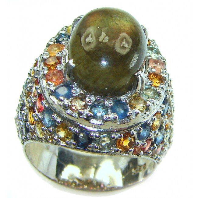 Magic Night Natural Labradorite Sapphire .925 Sterling Silver handcrafted Large ring size 7 1/2