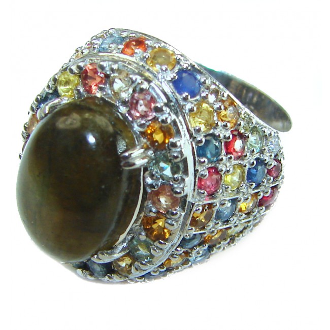 Magic Night Natural Labradorite Sapphire .925 Sterling Silver handcrafted Large ring size 7 1/2