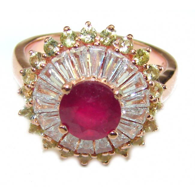 Red Brilliance 3.5 carat Ruby 14K Rose Gold over .925 Silver handcrafted Cocktail Ring s. 8 1/4