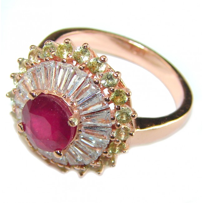 Red Brilliance 3.5 carat Ruby 14K Rose Gold over .925 Silver handcrafted Cocktail Ring s. 8 1/4