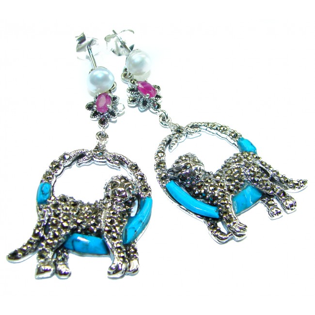 Two resting Panthers Turquoise Ruby Marcasite .925 Sterling Silver earrings