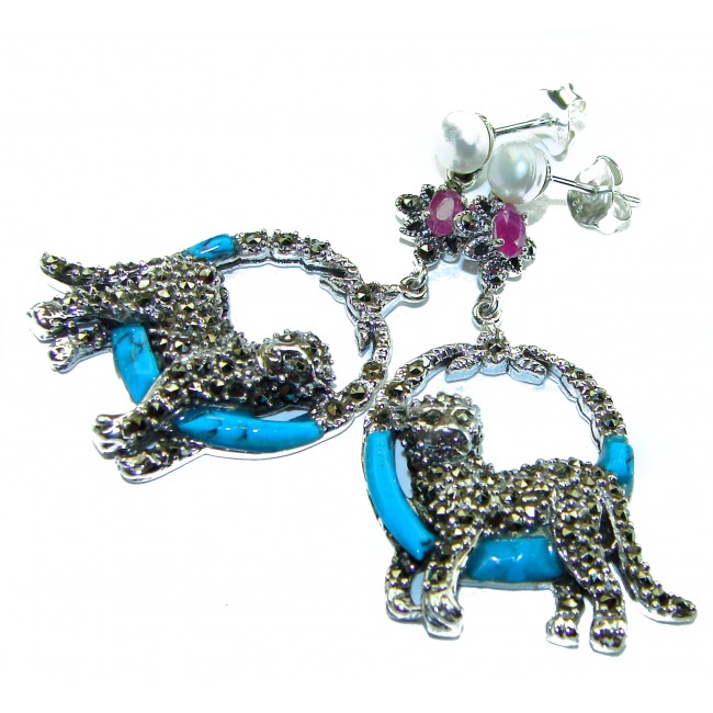 Two resting Panthers Turquoise Ruby Marcasite .925 Sterling Silver earrings