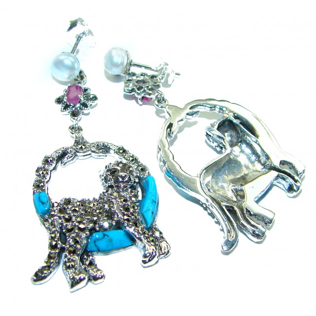 Two resting Panthers Turquoise Ruby Marcasite .925 Sterling Silver earrings