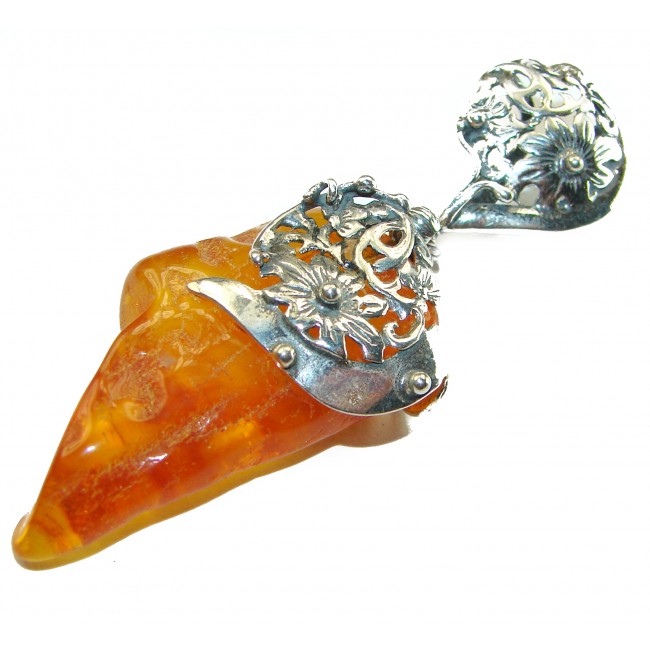 Royal Style 3 1/8 inch long authentic Baltic Amber .925 Sterling Silver handmade Pendant