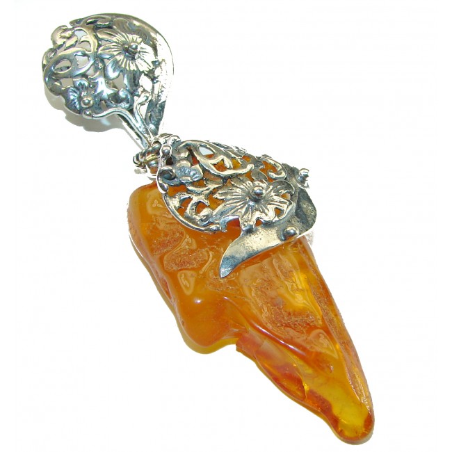 Royal Style 3 1/8 inch long authentic Baltic Amber .925 Sterling Silver handmade Pendant